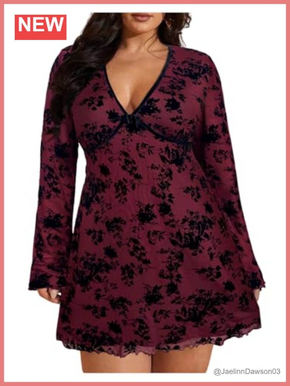 Plus Size Floral Mini Dress Long Sleeve Mesh Goth A Line